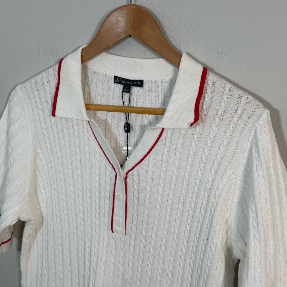 Adrianna Papell Cable Knit Polo Collar Top White Red Trim Size L NWT - Picture 1 of 6